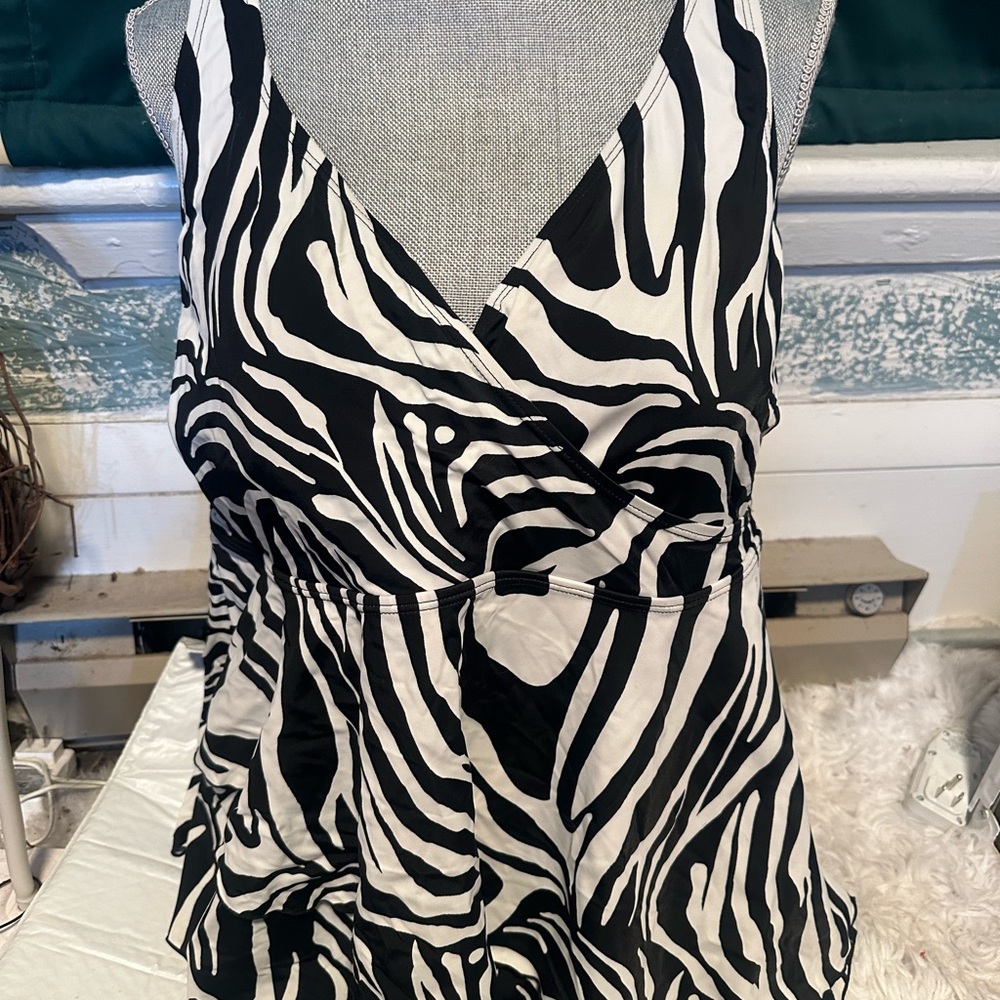 Catherines Black and White Zebra Print Swim Top